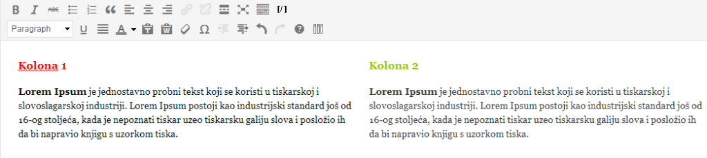 Advanced WP Columns sučelje dvije kolone